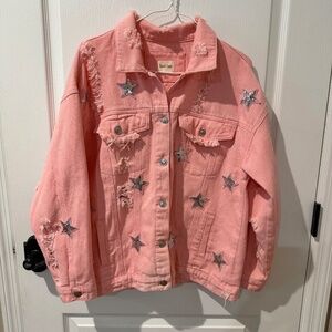 Peach Love California Pink Peach Denim Jacket Sequin Star Distressed Size S